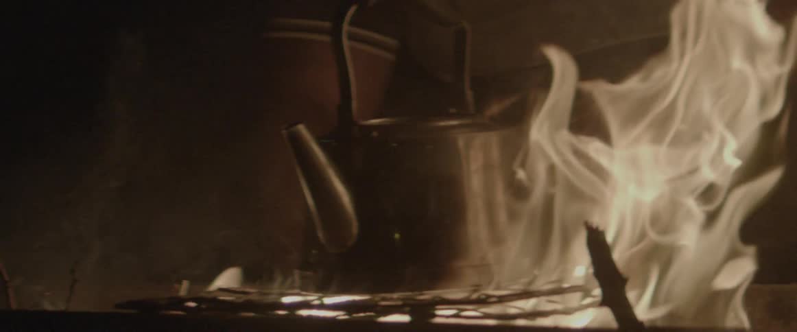 A tea kettle sits on a grate amid a burning fire