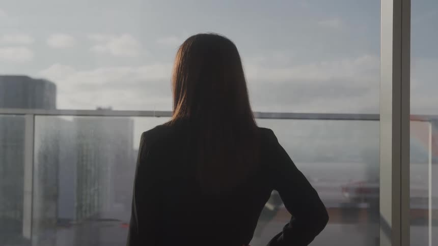 A businesswoman overlooks the city at dawn from a high rise window