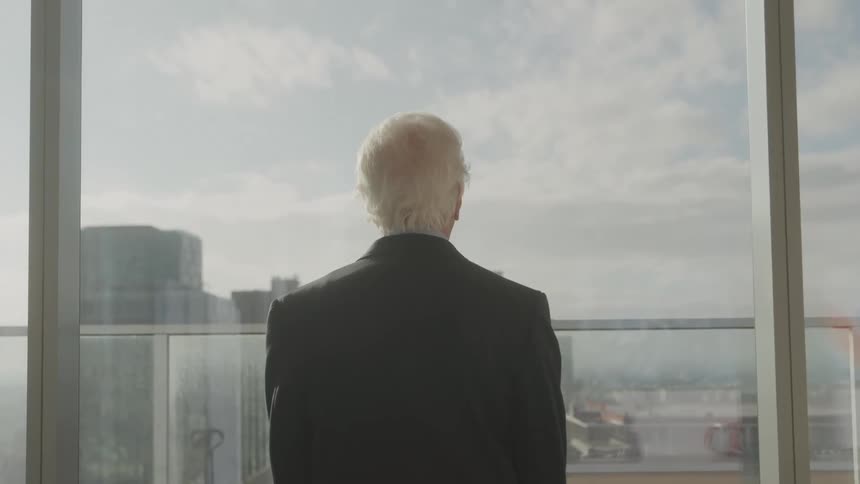 The video shows an overhead shot of a person with white hair wearing a dark suit jacket standing with their back to the camera they are looking out of a large window that overlooks a city skyline on a bright cloudy day a filmsupply watermark is vis