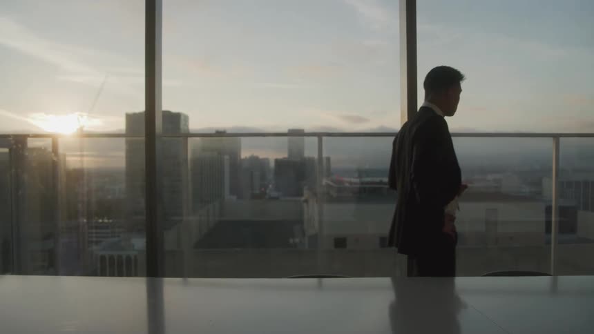 The video features a silhouetted man in a suit walking away from the camera past a large window overlooking a cityscape the warm glow of the setting sun bathes the scene highlighting the urban landscape outside
