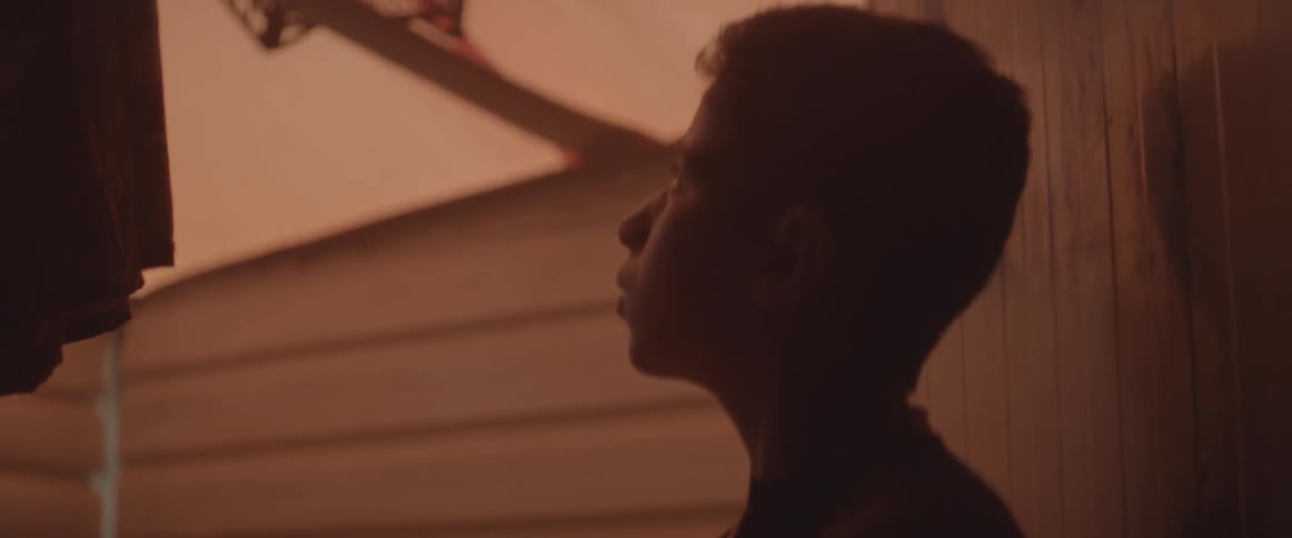 A boy looks at the crimson sky above