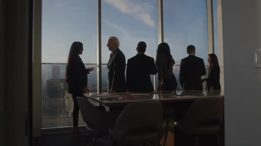 A diverse group of business professionals are gathered in a modern office with large windows overlooking a city skyline they are silhouetted against the bright outdoor light engaged in what appears to be a discussion or meeting