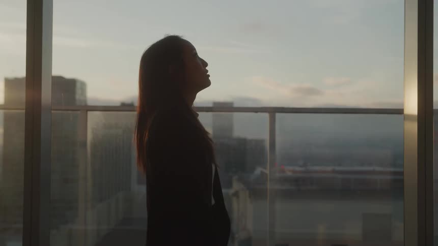 A silhouetted figure of a woman stands by a large window looking out at a city skyline during what appears to be sunrise or sunset she holds a stack of papers which she eventually tosses into the air creating a dramatic visual of papers falling around
