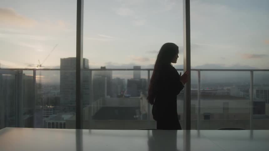 A woman stands in silhouette before a tall glass window overlooking a cityscape at dusk