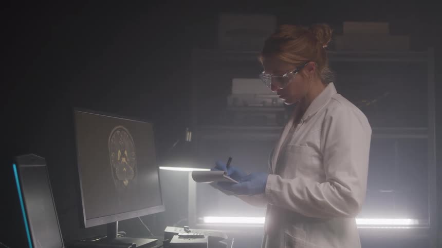Doctor examines a brain scan on a computer monitor and takes notes in a notebook