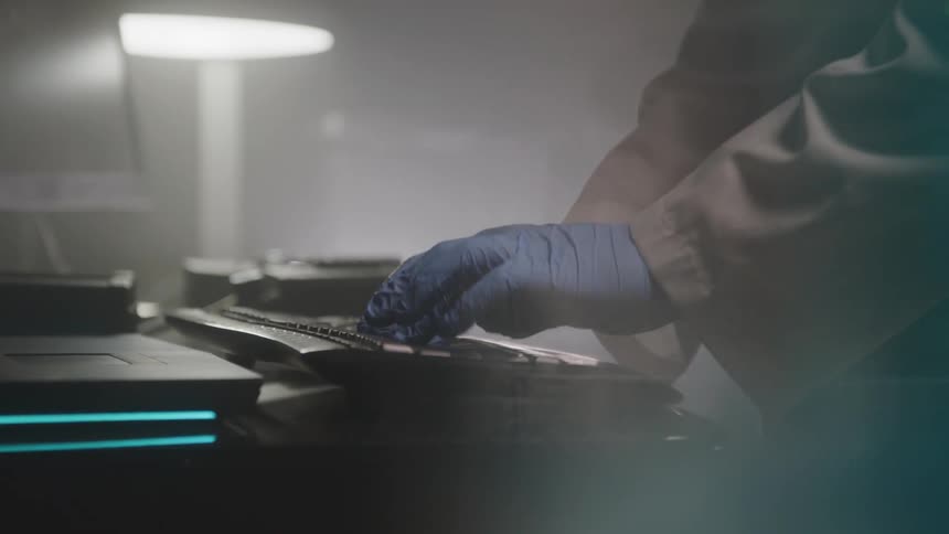Person wearing blue gloves types on a keyboard in a softly lit environment