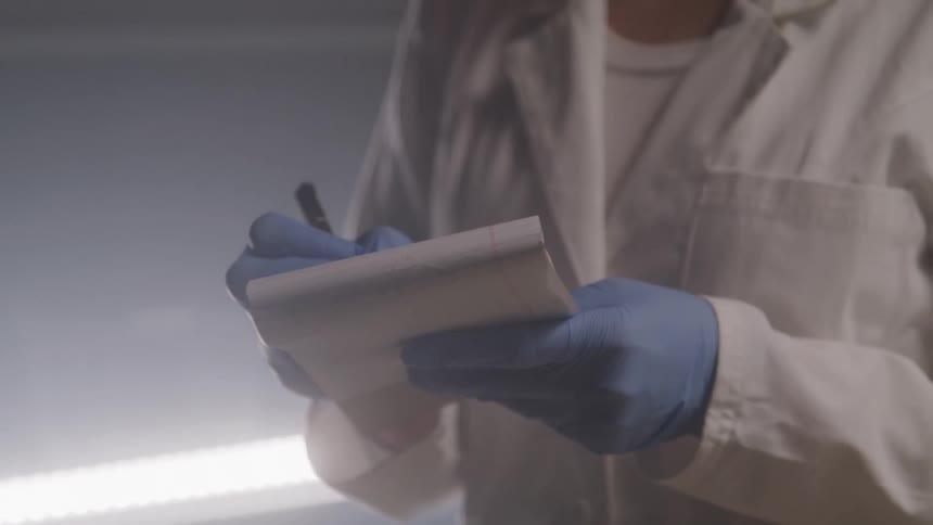 Person in a laboratory writing notes on a notepad
