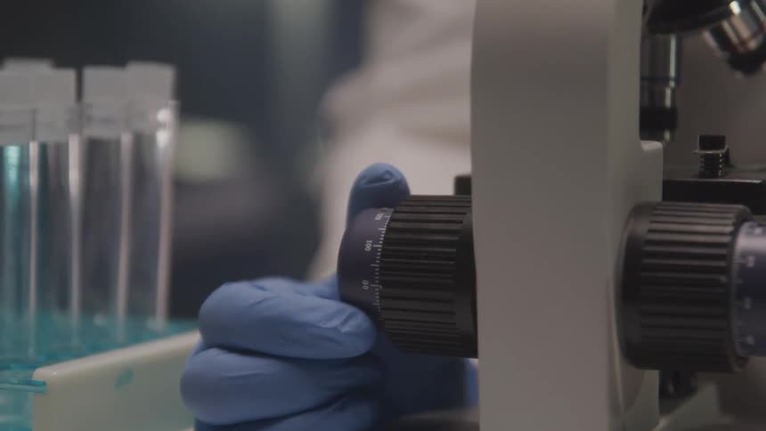 The video shows a person wearing blue gloves and manipulating the focus knob on a microscope various test tubes are visible in the blurred background reinforcing the scientific or laboratory setting