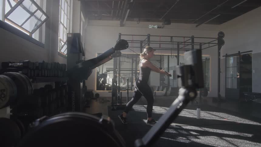 A woman performs resistance training exercises in a welllit gym