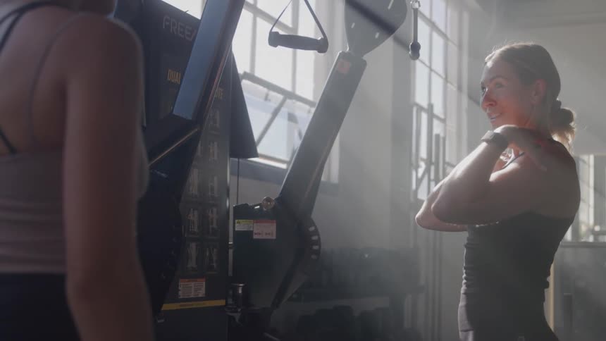 Trainer at the gym explains different movements to her client