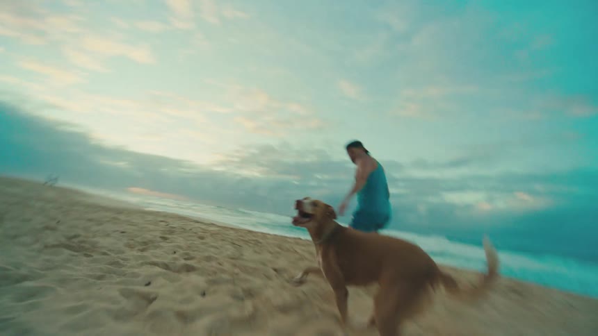 Man running on the beach sand with a dog
