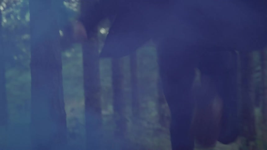 Person exhaling blue smoke running through the forest