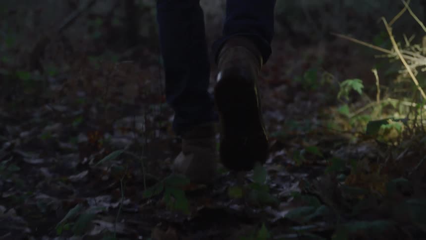Legs of a person walking through the forest with a flashlight