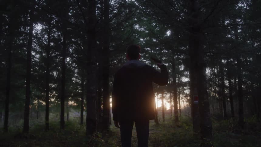 Man in a forest at dusk pointing a gun at his own head