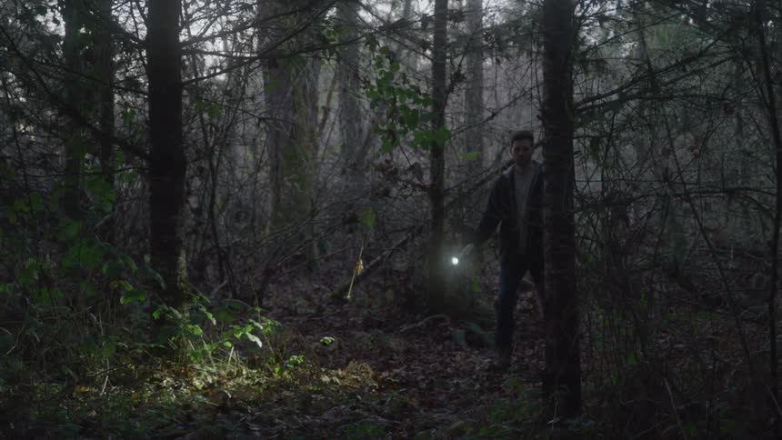 A man walks through the woods at sunset holding a flashlight to light his path surrounded by tall trees
