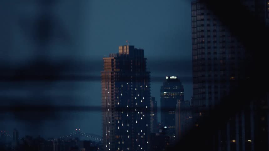 A nighttime city skyline is partially obscured by dark vertical elements with building lights twinkling in the distance