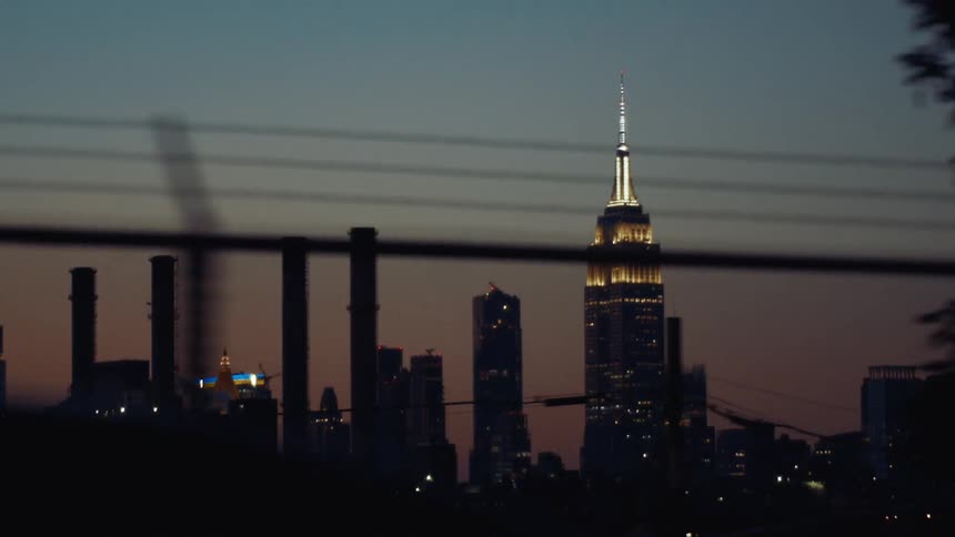 A twilight panorama of the new york city skyline prominently featuring the illuminated empire state building amidst other city lights and industrial smokestacks framed by dark outoffocus foliage in the foreground