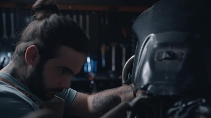 A mechanic with a man bun and tattooed arms is meticulously working on an engineat a workshop environment