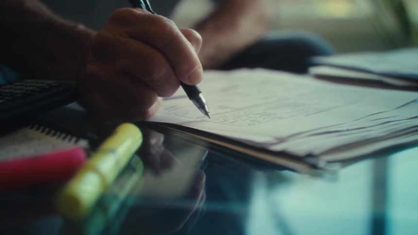 Elderly person holding a pen towards documents on the table
