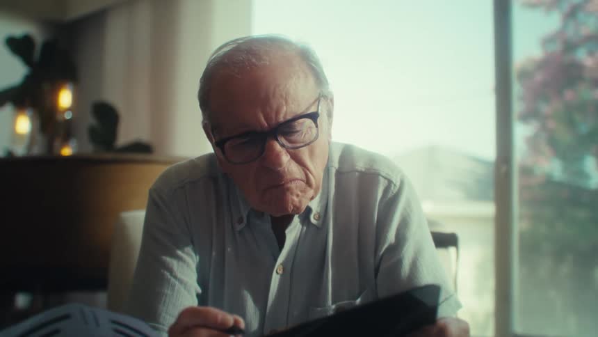 An elderly man wearing glasses and a light colored shirt holds documents and glances between it and a tablet with a grand piano and a large window in the background of his home