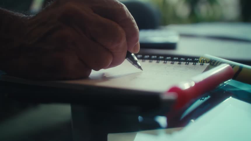 A hand writes on a notepad with a pen at a desk