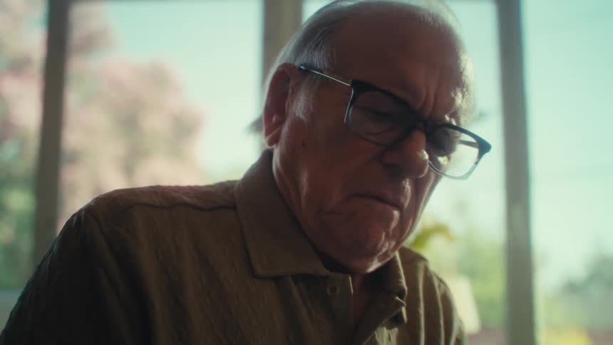 An elderly man wearing glasses sits on a couch in the living room at midday reading a magazine