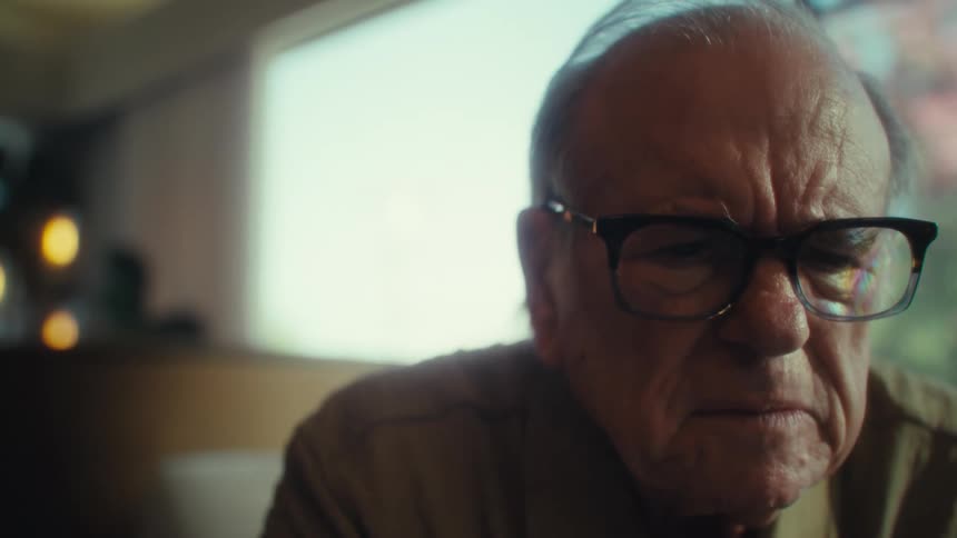An elderly man concentrating and then taking off his glasses while looking up