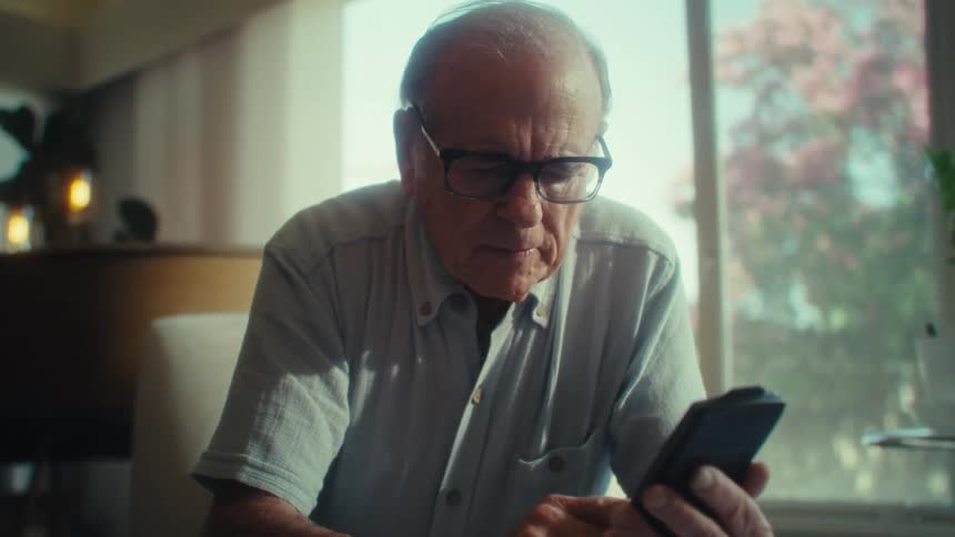 An older adult man with glasses wearing a light colored collared shirt sits intently looking down at a smartphone with a bright window and green plants in the background