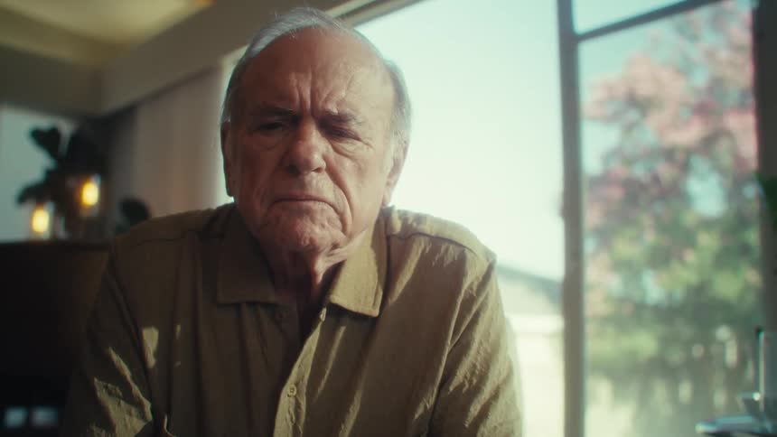 An older adult man with light colored hair wearing a light brown collared shirt holds his glasses puts them on and then removes them while looking forward with a serious expression in a room with a bright window