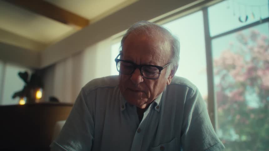 An elderly man wearing glasses writes while seated indoors at midday