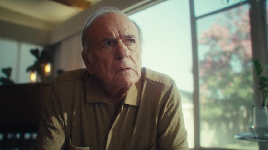 An older adult man wearing glasses and a light brown collared shirt sits and looks down with a serious expression then looks up and closes his eyes in a room with a large window in the background showing trees