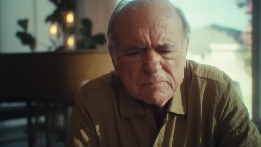 A man sits indoors deep in thought with a sad expression on his face