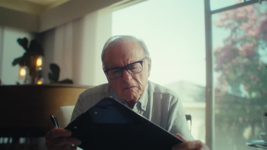 An elderly man contemplates after going through a document on a clipboard while sitting in a room during daytime