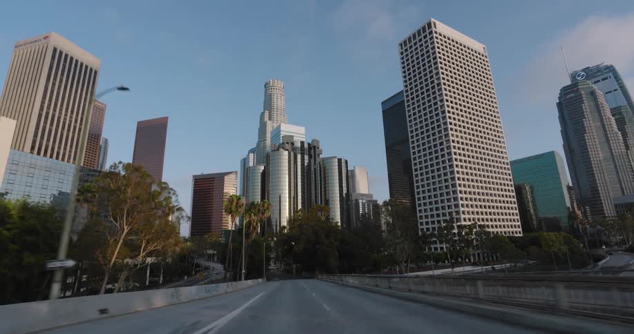 A sprawling urban cityscape featuring numerous towering skyscrapers and lush palm trees viewed from an open road under a clear blue sky