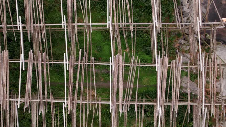 A large wood scaffolding is on the cliff