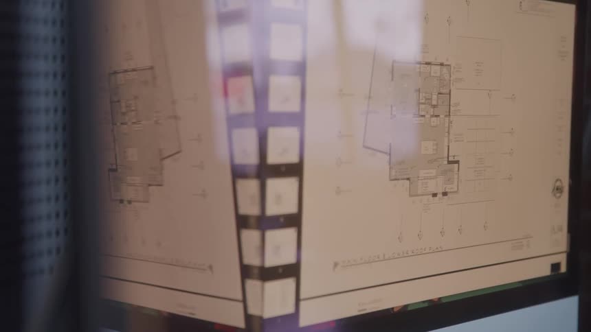 A building construction and architectural plan laid out on paper placed inside a glass display case