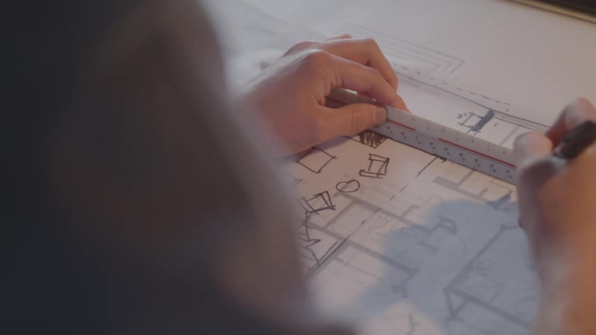 A person measures and marks points on a large blueprint sheet