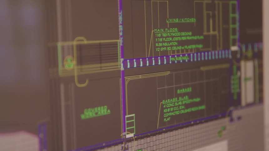 A blueprint is displayed on the monitor