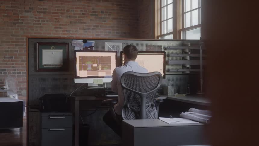 A young adult man sits in a grey office chair with his back to the camera working on two computer monitors at a desk with a brick wall framed diplomas and a window in the background
