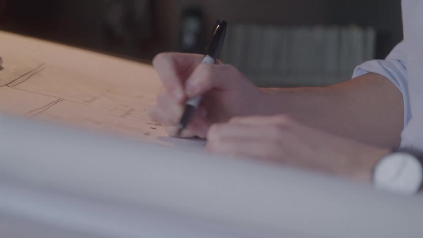 The architect is sketching with a marker