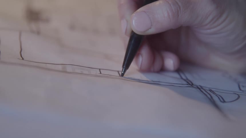 A closeup of a hand draws precise lines on a blueprint capturing a moment of focused technical design