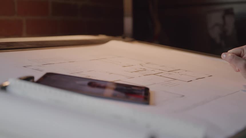 An architectural drawing of a building on white paper is being examined by someone indoors