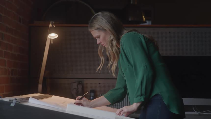 The woman is writing on the blueprints