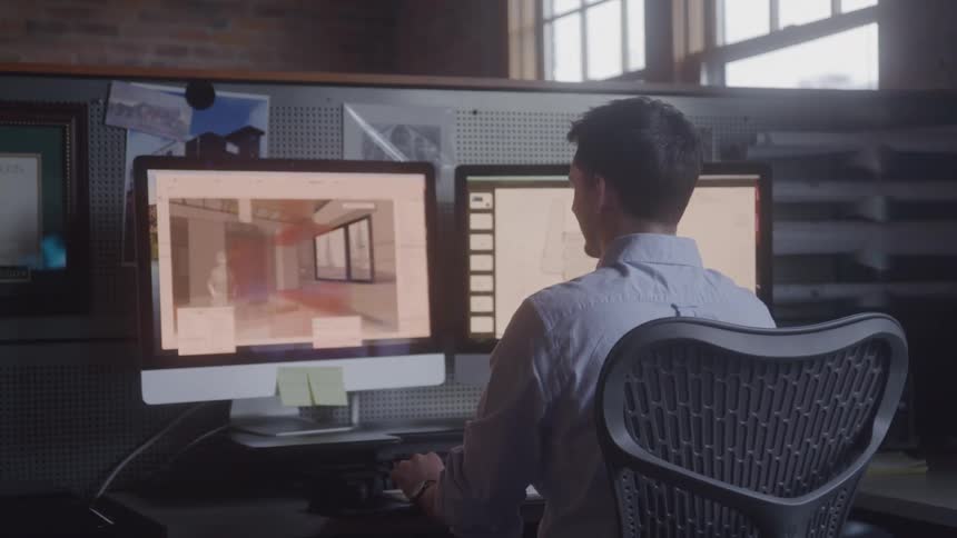A man views a rendering of a building interior on is work computer