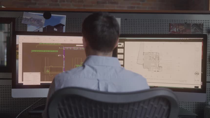 A man in a buttondown shirt works at a desk with dual monitors displaying technical architectural or engineering plans