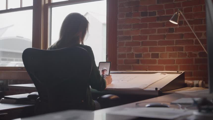 A woman sits at a drafting desk in a brickwalled office holding a video call on her phone while daylight streams through large windows