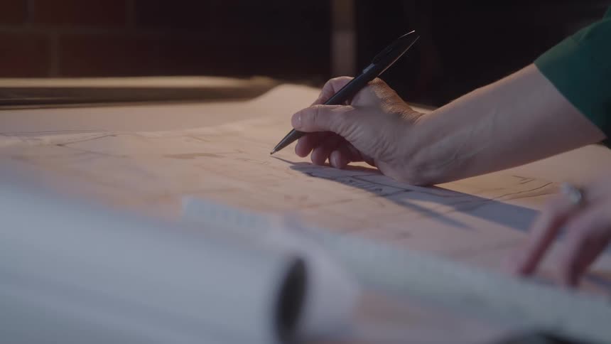 A man uses a pen to mark up a printed design schematic