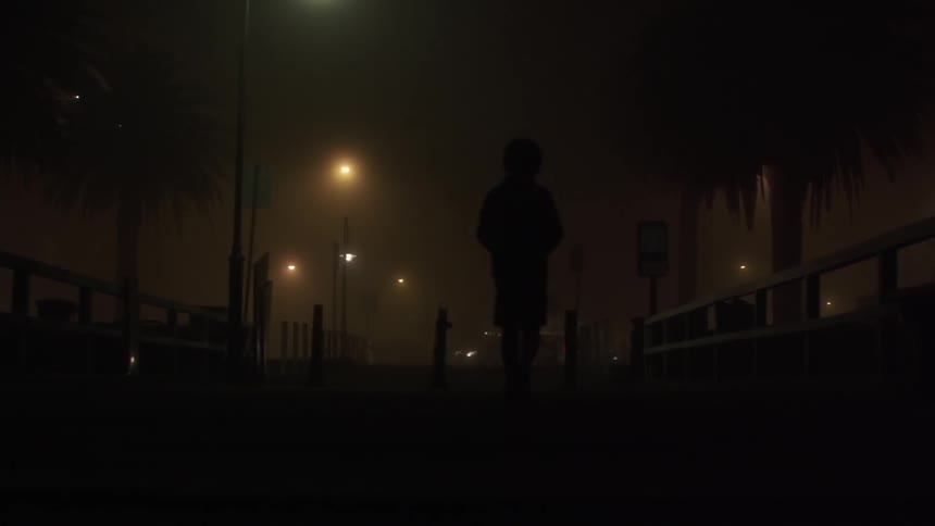 A person walks down a very dark path