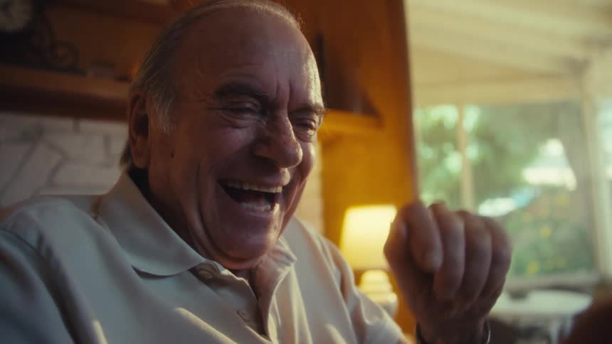 An elderly man bathed in warm indoor light laughs heartily with eyes crinkled and waving at a video call on his phone