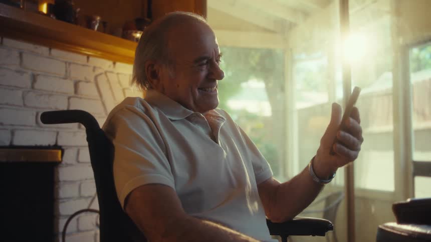 An older man sits in a wheelchair near a sunlit window smiling warmly as he looks at his phone in a cozy living room